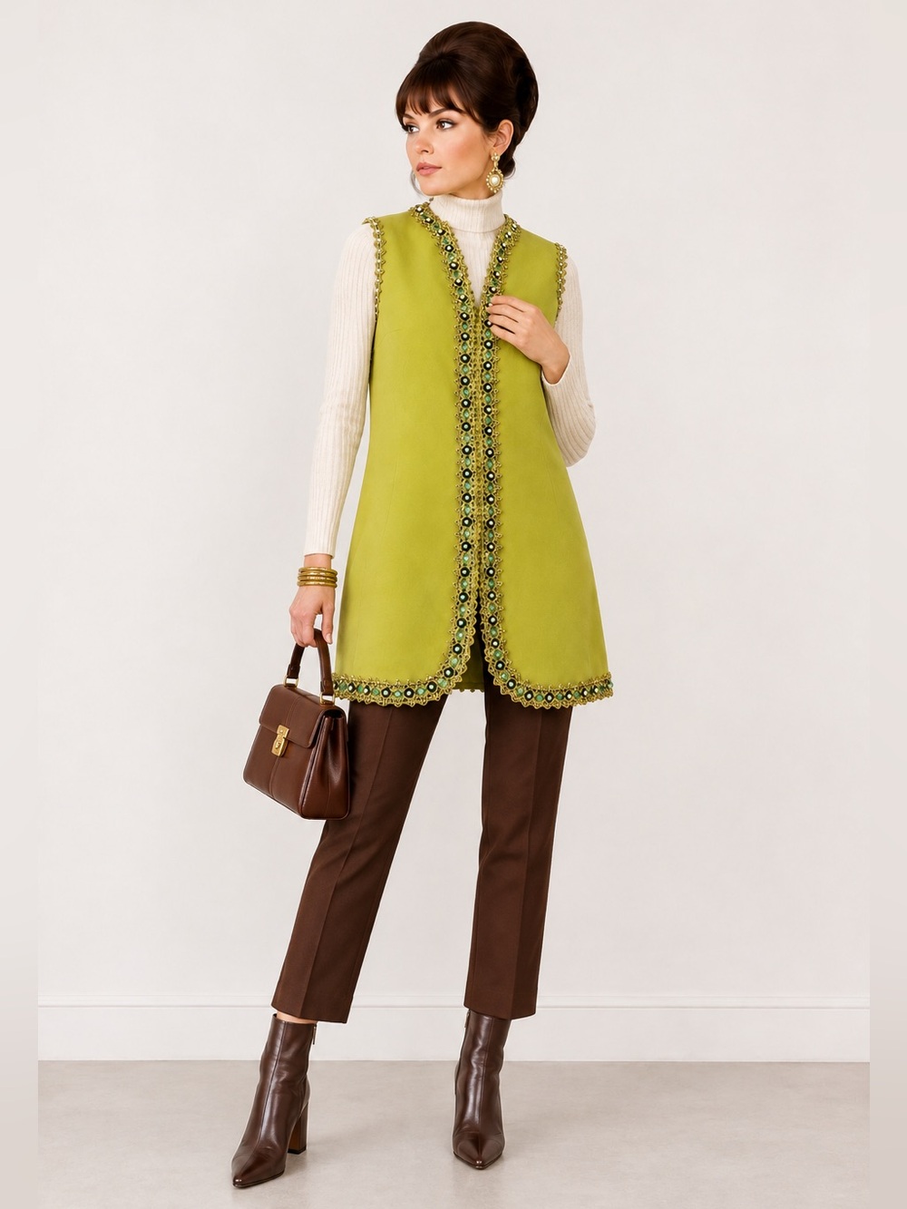 Vintage Jeweled Wool Vest Mod 1960s Fall Retro Mid Century Tunic Chartreuse